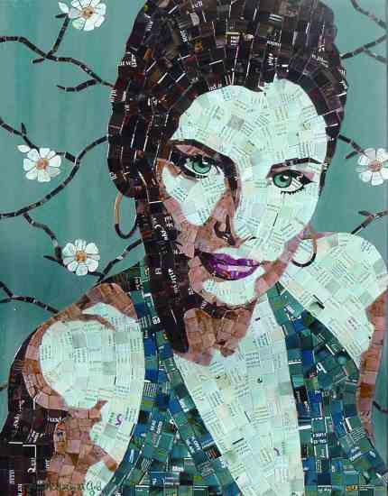 “Robin’s Blue Bedroom Eyes” (22 by 28 inches) includes the entire take-out menu from a local restaurant and recycled greeting cards with Impressionist paintings on them. Look closely to find skies, water gardens and ponds. $2,800.